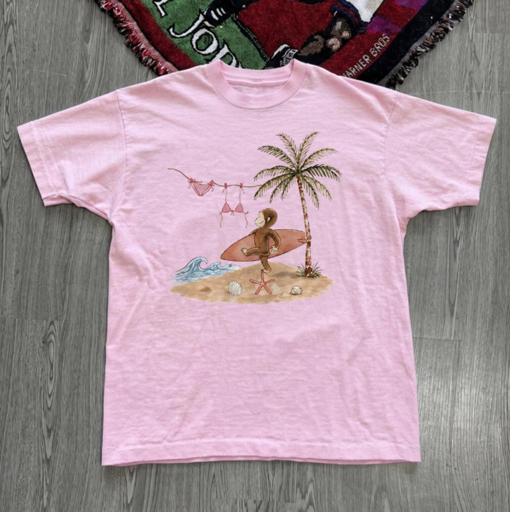 Light Pink Curious George Surfing Graphic Tee